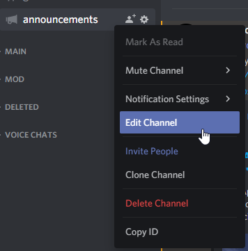 Automatically posting WordPress posts to Discord will require us to edit our channel. Shows us clicking "Edit Channel" on the channel we want announcements in.