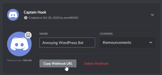 Shows us clicking on "Copy Webhook URL" in our new Webhook.