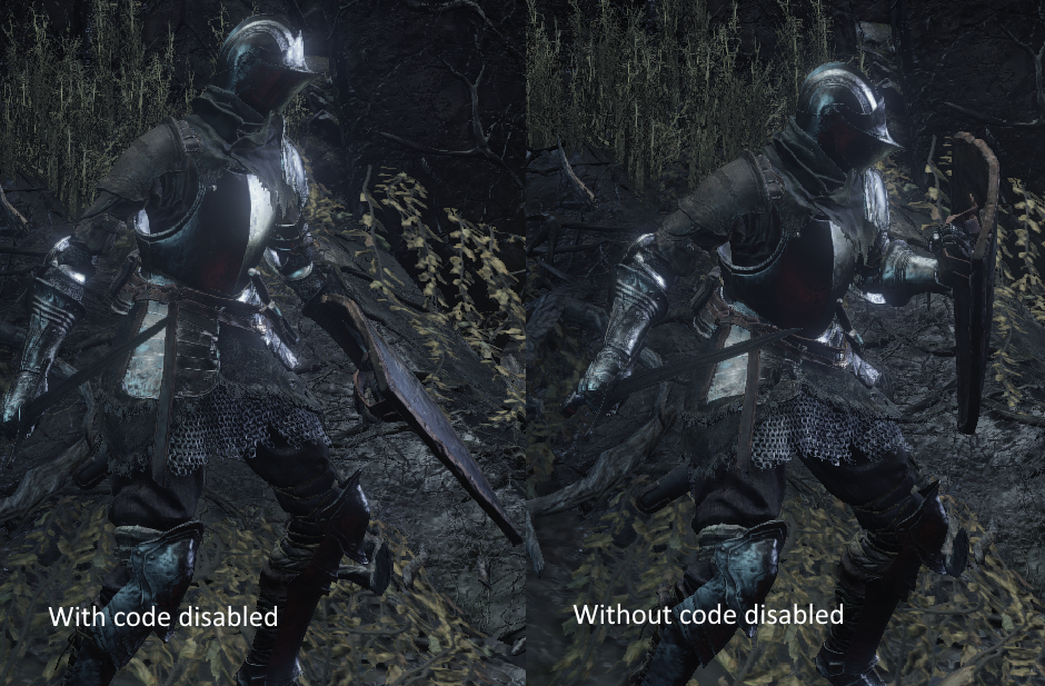 Shows the differences in height with the suspected height drawing code disabled and then enabled. The character is shown to be shorter when blocking with the code enabled.