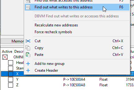 Shows how we start the search for the location update code, by right clicking on our X coordinate and clicking "Find out what writes to this address".