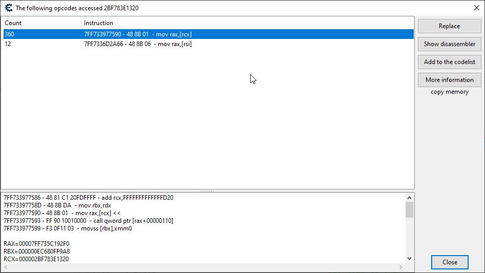 Shows the opcodes accessing the base of our player's health structure.