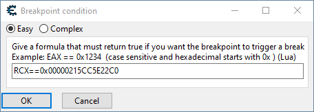 Shows a breakpoint condition window with the condition being RCX set to our health structure address.