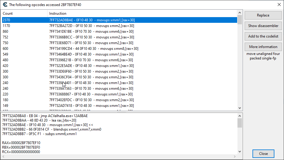 Shows the opcodes accessing the player's coordinates. There are many listed here.