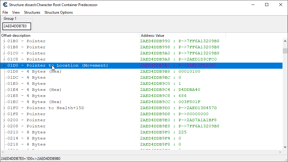 Shows how the location and health structures also appear in the character root container predecessor.