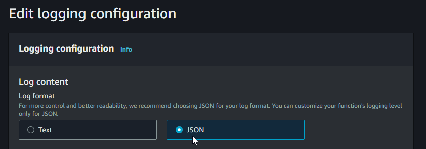 Here we can change the log format of our Lambda function.